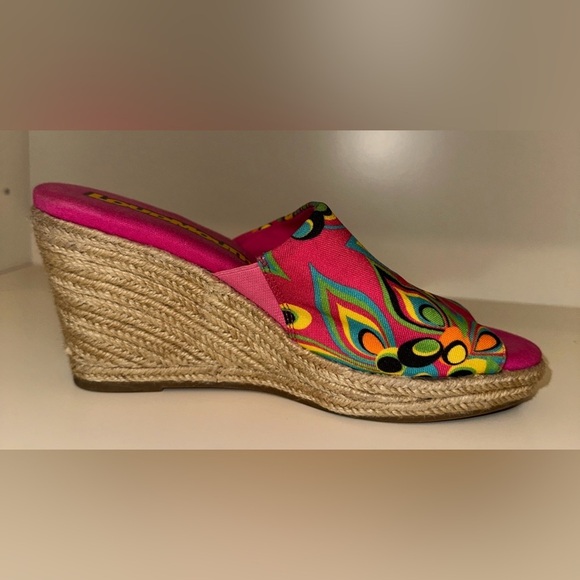 Loudmouth Women Marlene Shagadelic Wedges Sz 6.5M Pink 60s Retro Inspired Fabric - Picture 7 of 14